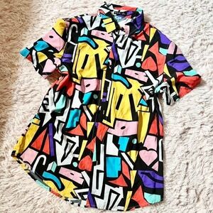 Colorblock Funky Retro PopArt Eclectic Button Down Top Mens XL Mod Dopamine